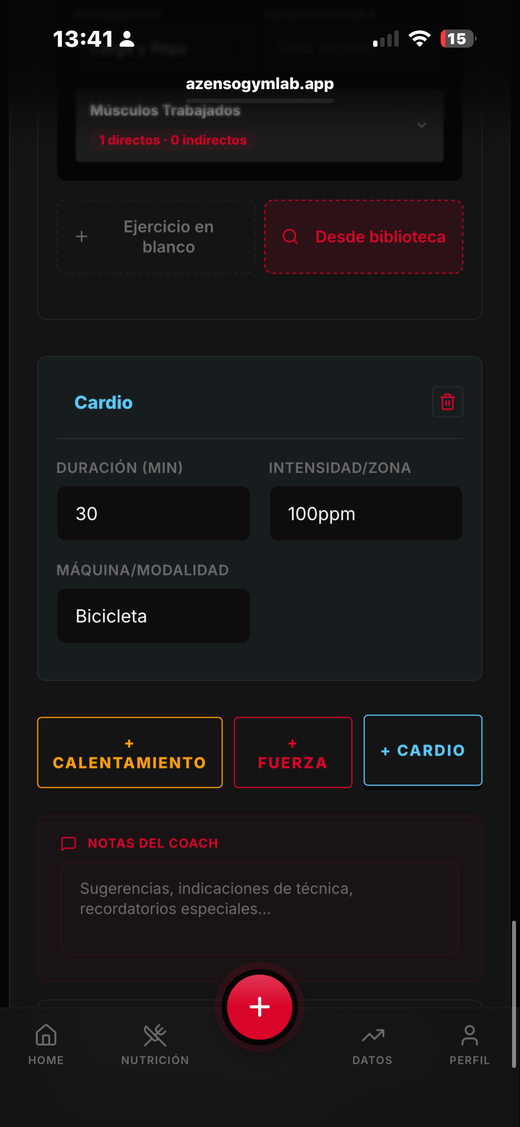 cardio + calentamiento + notas de coach
